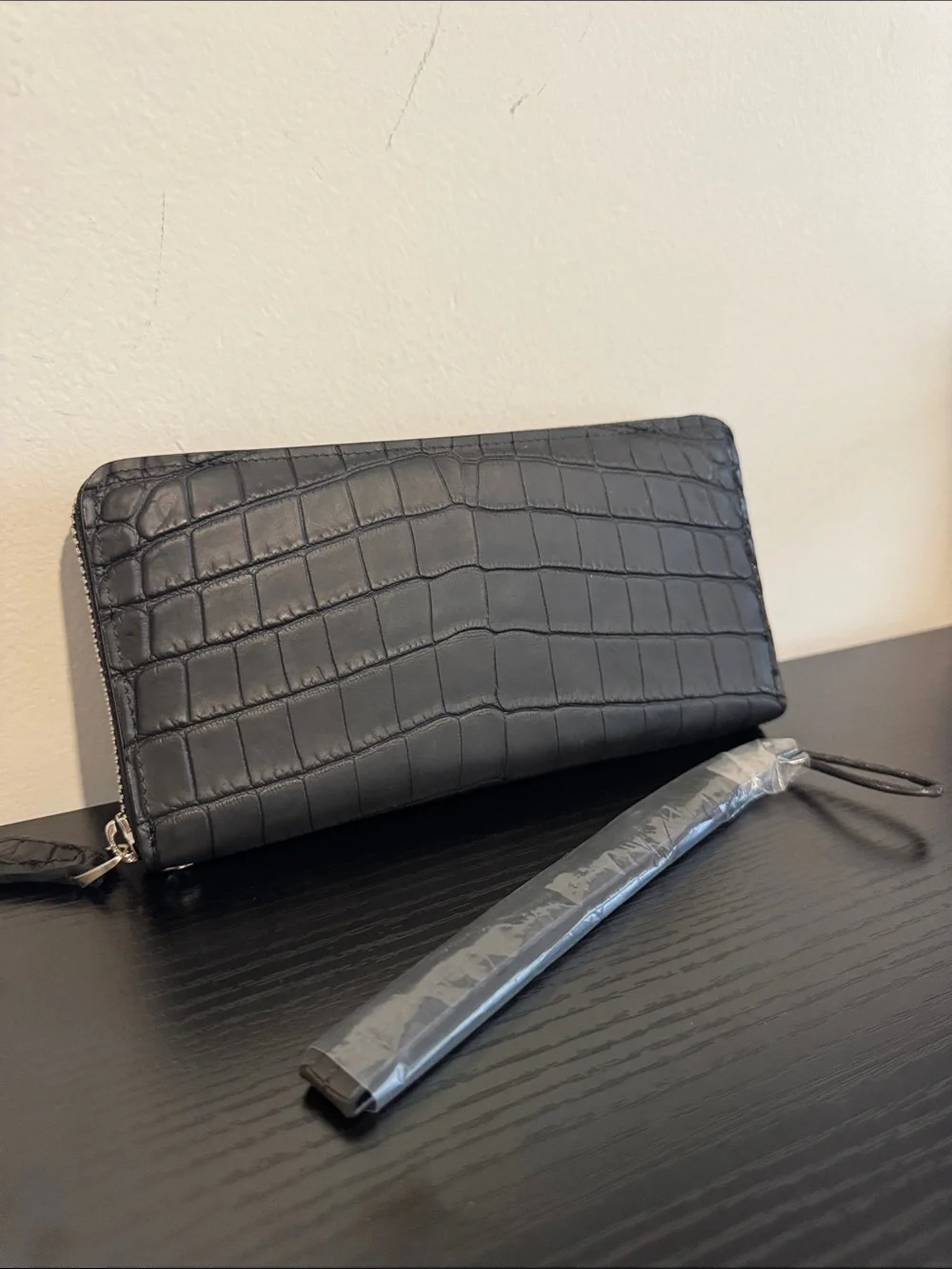 Black Croc-Embossed Zip Wallet